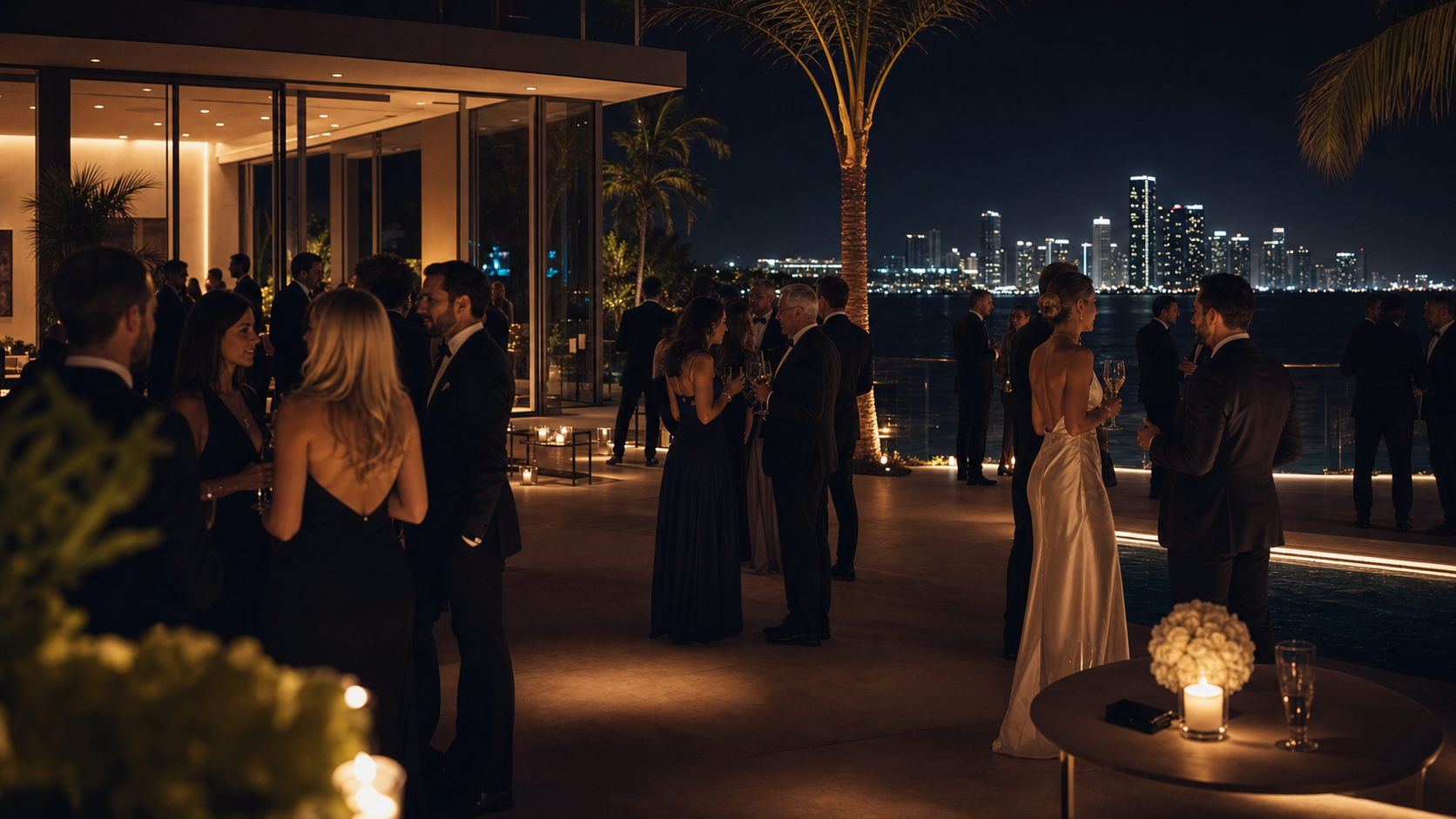 Black-tie guests at a modern waterfront estate event in Miami